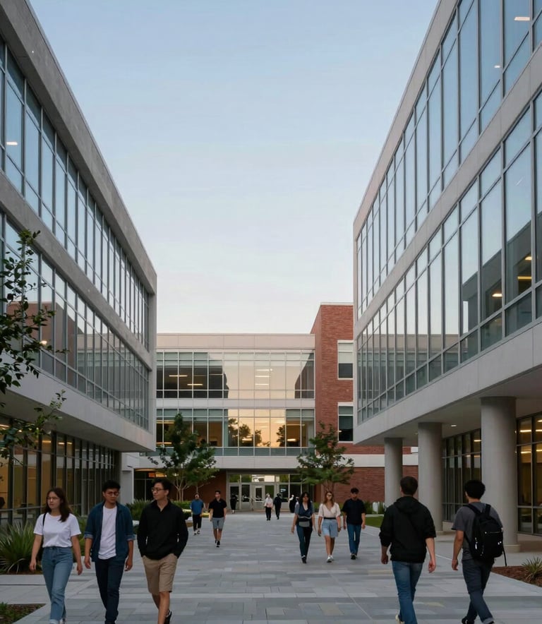 A wide-angle photography shot of a modern North American / US university campus courtyard. Students are walking between contemporary buildings with glass facades that reflect the dusty blue sky, featuring clean lines and a professional, inviting atmosphere.
