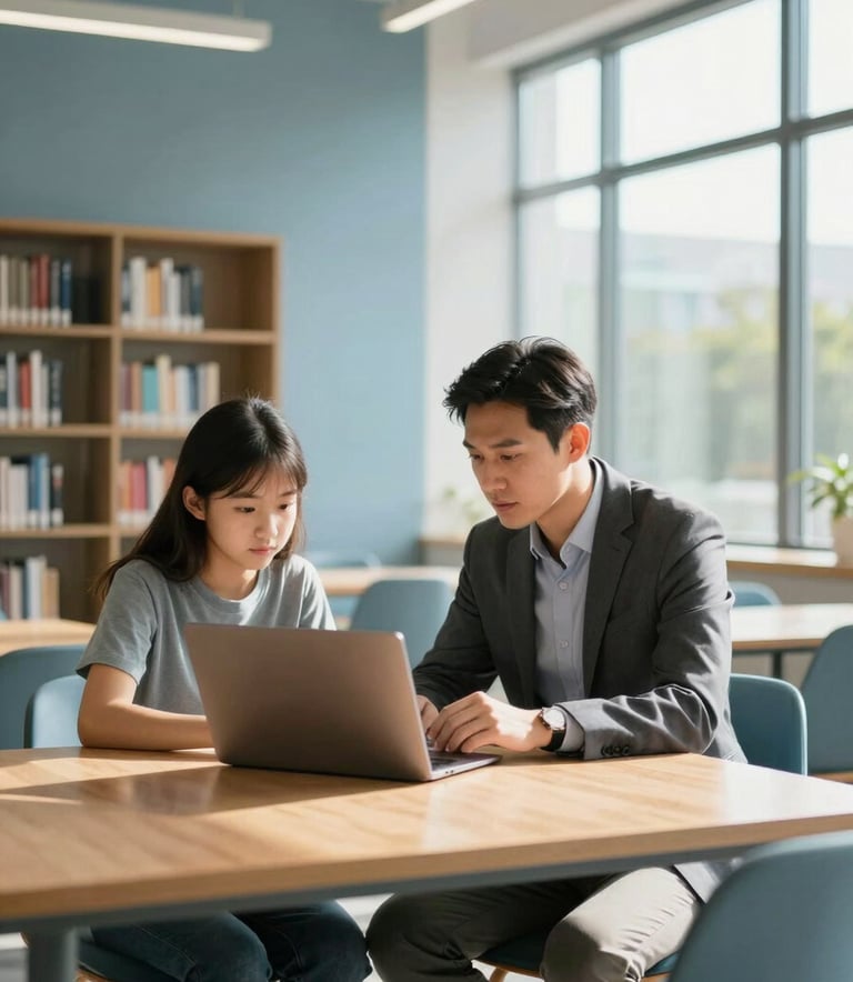 A focused professional mentor and a student collaborating in a bright, modern North American / US library setting. They are sitting at a sleek wooden table with a laptop, surrounded by soft pale blue and steel blue decor, with warm sunlight streaming through large windows.