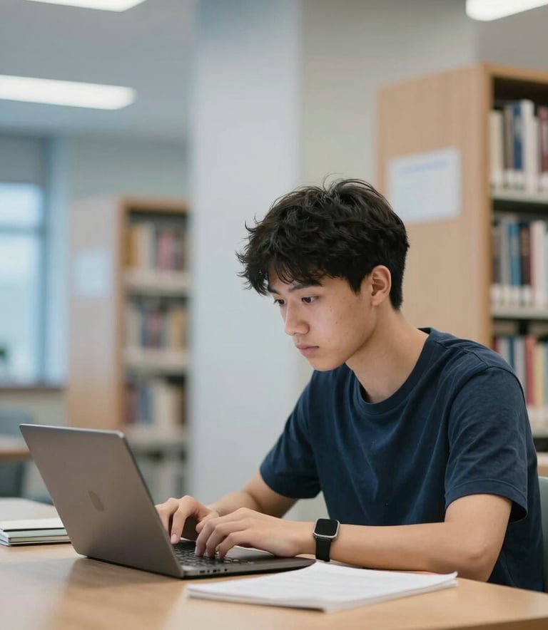 A focused student studying with digital devices in a modern North American / US university library, surrounded by professional blue and pale mist accents, soft natural lighting.