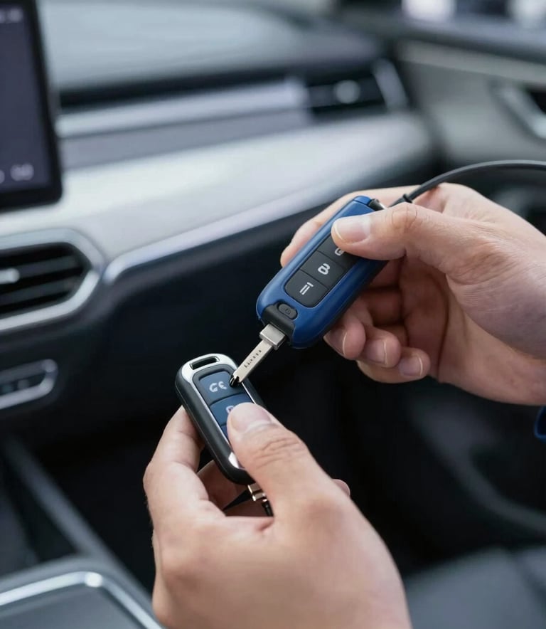 A close-up of a technician's hand using a high-tech electronic tool to program a modern car key fob inside a vehicle. The scene is lit with clean, bright light, emphasizing precision and technology. The color palette includes #1B263B and #415A77 for a professional, automotive feel.