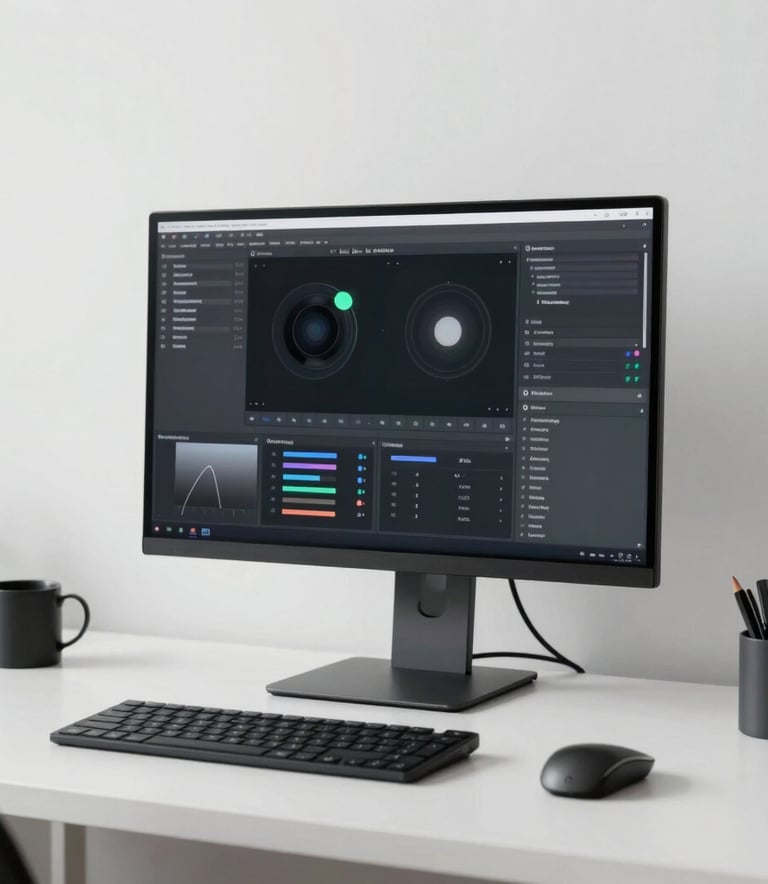 A professional designer workspace with a high-end monitor showing blurred data visualizations. Minimalist aesthetic, soft white and charcoal color palette. North American setting. Clean, sharp, and luxurious photography.