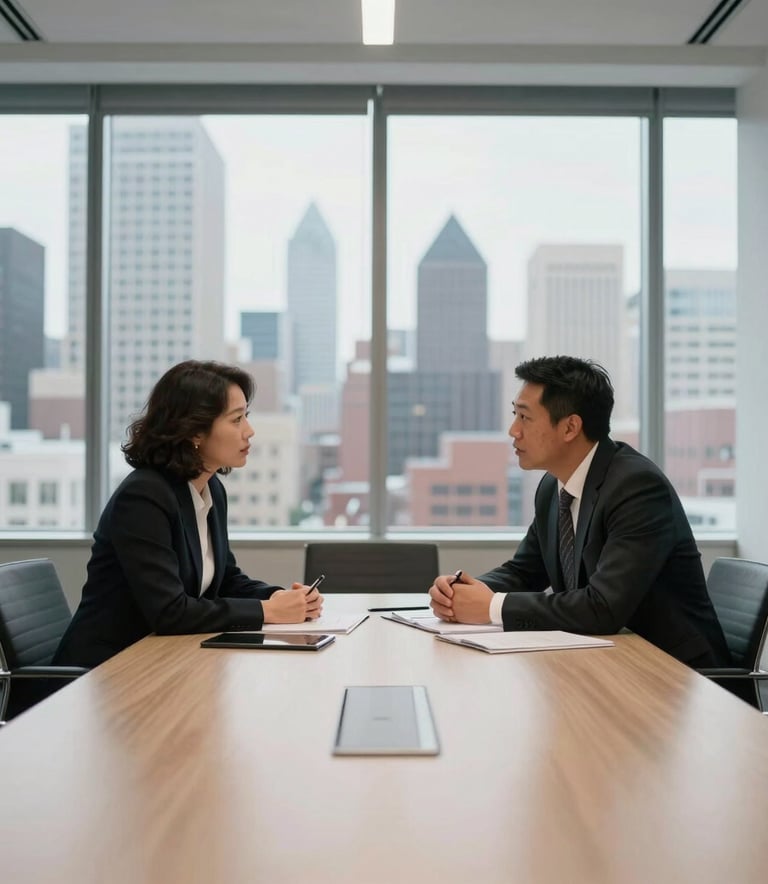 Two professionals in North American business attire engaged in a focused discussion within a minimalist Minneapolis boardroom. The composition is clean and structured, with views of an urban skyline through large floor-to-ceiling windows.