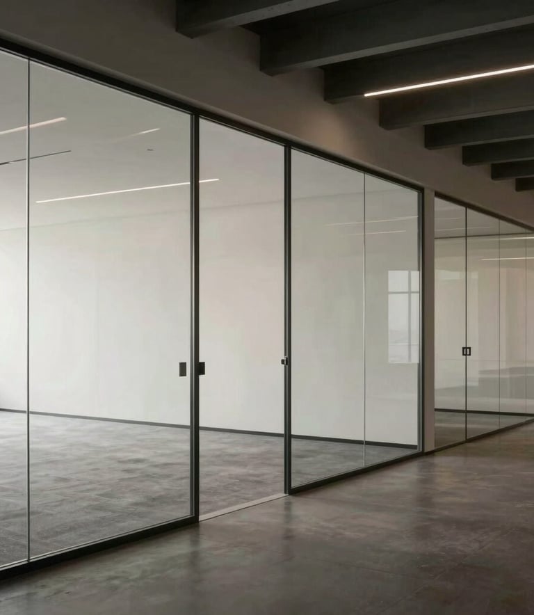 A wide shot of a minimalist, high-end North American office interior with clean glass partitions and steel beams. The lighting is soft and natural, emphasizing a professional and focused atmosphere with neutral soft white and deep charcoal tones.