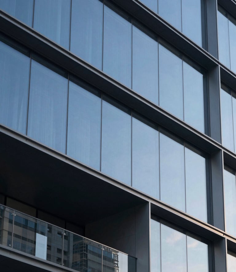 A high-end, minimalist architectural detail of a modern steel and glass building in a North American city. Sharp angles, soft morning light, muted steel blue and deep charcoal tones. Luxury professional aesthetic, extremely clean composition.