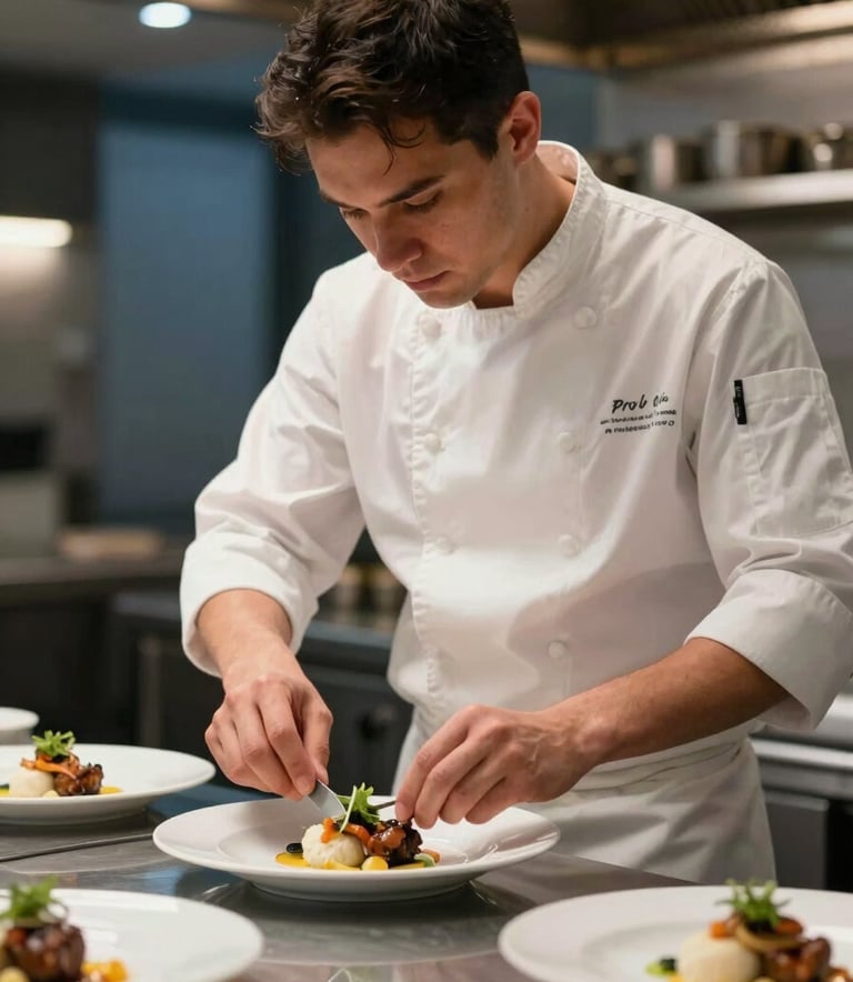 A high-end restaurant chef in a white uniform carefully plating a dish in a modern North American / Quebecois kitchen in Montreal, focused and professional atmosphere, warm natural lighting, hints of Slate Blue in the background decor.