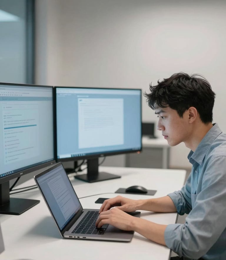 A focused professional working on a laptop with multiple monitors in a sleek North American / Quebecois tech workspace, clean lines, minimalist aesthetic, featuring accents of Pale Ice Blue and Slate Blue.