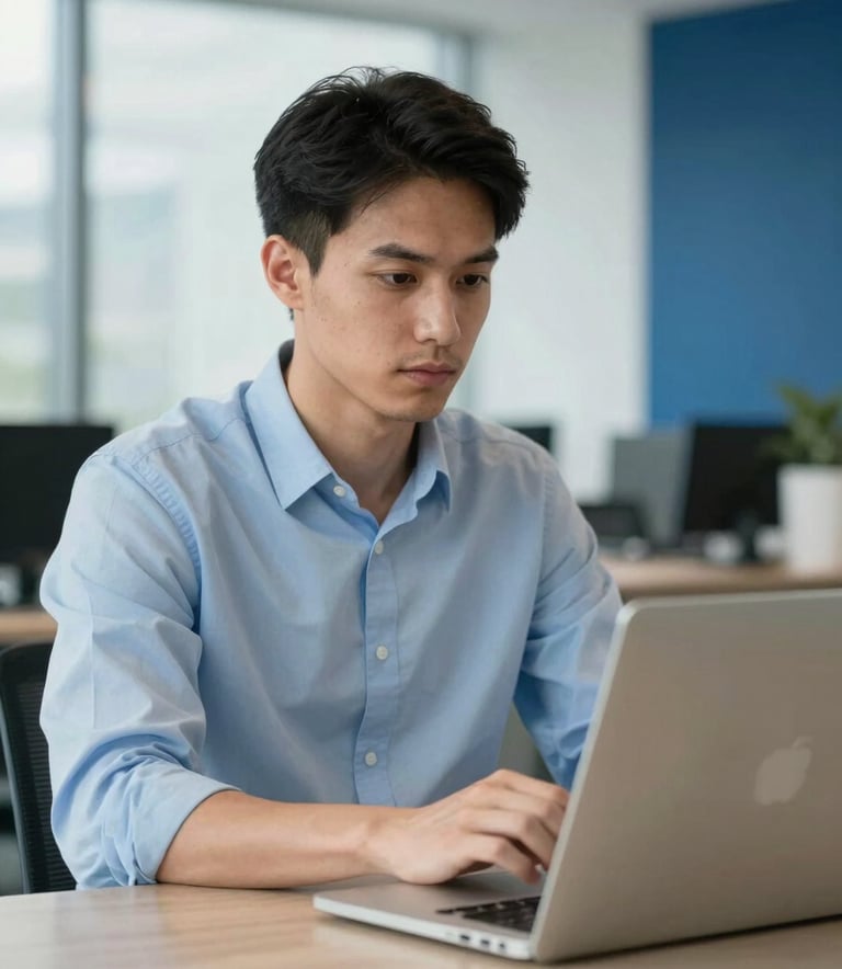 A professional in a modern North American / Quebecois office environment focusing on a laptop screen, with soft daylight and hints of Pale Blue and Deep Blue in the decor. Professional and clean aesthetic.