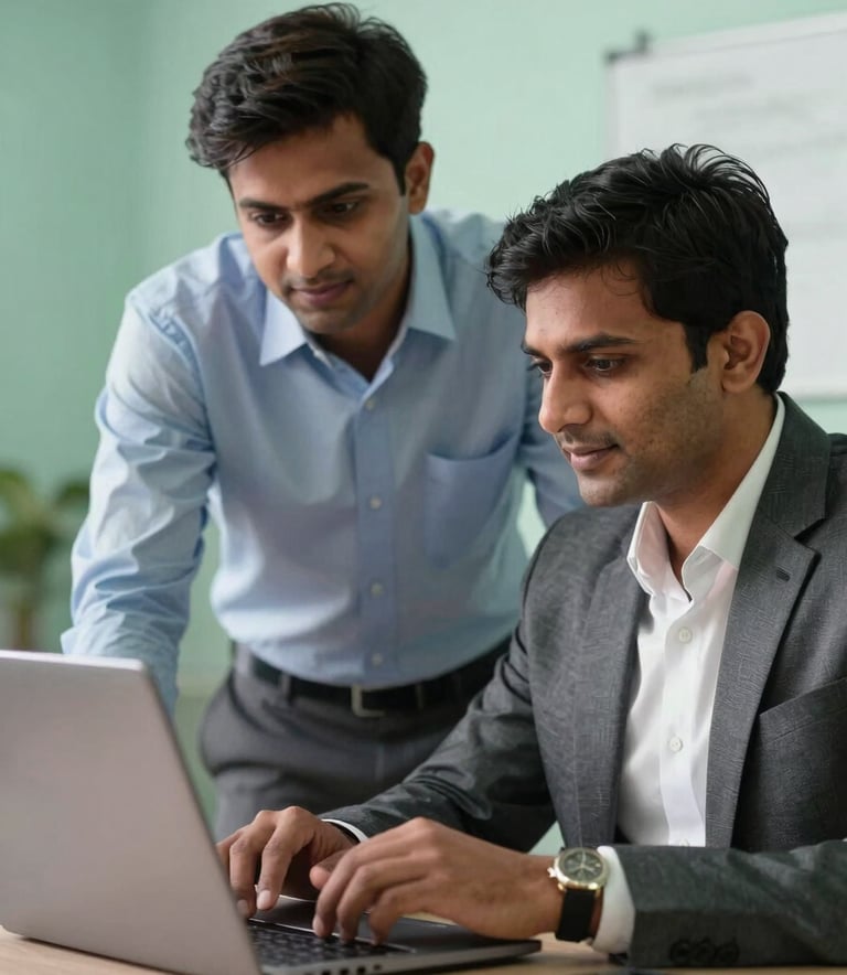 Two business professionals in a South Asian / Bangladeshi workspace collaborating over a laptop, showing engagement and trust, with soft mint green accents in the background.