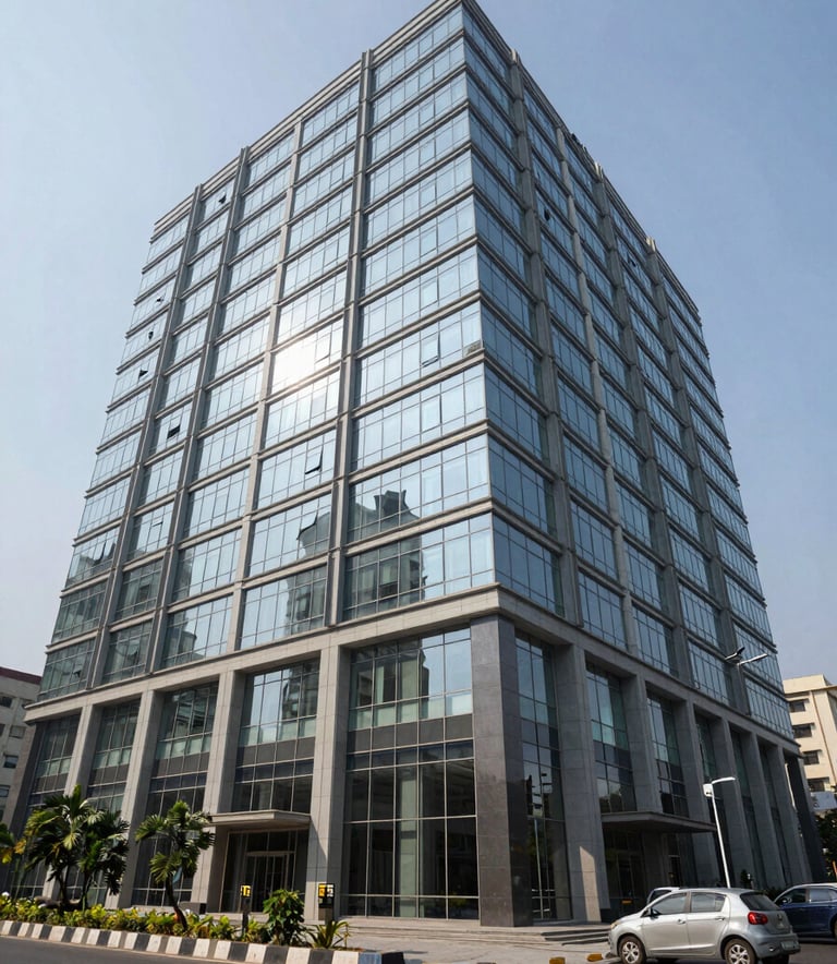 A wide shot of a contemporary corporate building in Dhaka, South Asia, with glass reflections, bright daylight, and a clean, innovative atmosphere.