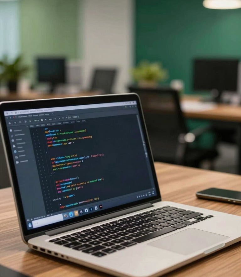 A close-up shot of a professional workspace in a modern South Asian / Bangladeshi office. A high-end laptop is open on a wooden desk, showing code on the screen. In the background, soft-focus seaweed green and dark forest green office decor is visible. The lighting is bright and professional.