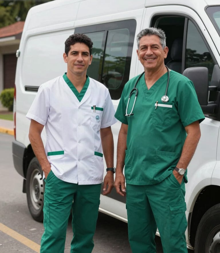 Two professional South American / Argentinian staff members in smart green and white medical uniforms standing by the side of a modern white transport vehicle. Trustworthy and friendly expressions, daylight, suburban Argentinian street.