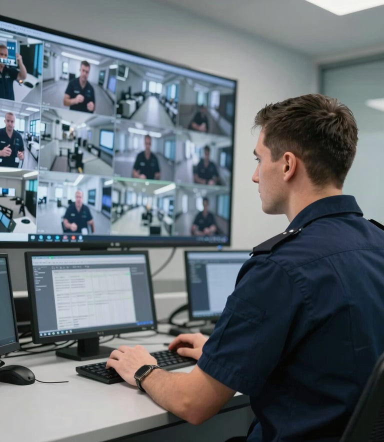 A professional security technician in the UK, dressed in a navy blue uniform, focused on a wall-mounted digital security monitor displaying multiple sharp CCTV camera feeds in a modern control room. The lighting is clean and cool-toned, emphasizing high-tech reliability.