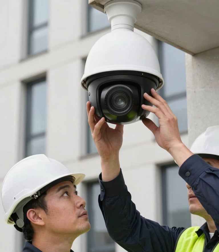 An outdoor action shot of a professional engineer installing a sophisticated white dome CCTV camera on a modern residential building in the UK. The scene is bright and professional, showcasing precision and care.