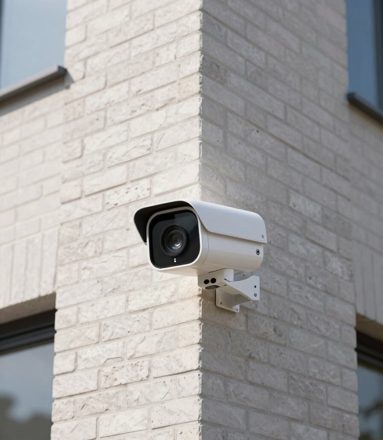 A sleek, white 4K digital security camera installed on the corner of a contemporary European house with a clean brick facade. Bright daylight.