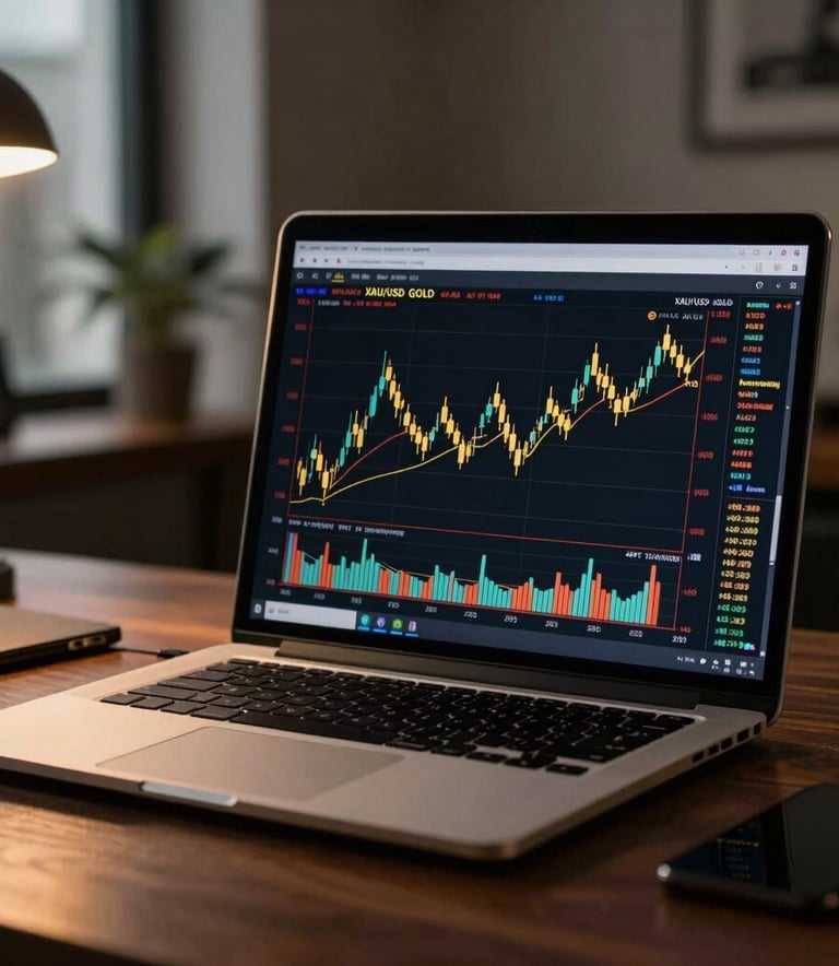 A close-up photograph of a sleek, high-end laptop display showing a detailed candlestick chart for XAU/USD gold trading. The scene is set in a dimly lit, modern home office in a South Asian city, with the warm golden glow of the screen reflecting off a dark wooden desk. Professional and authoritative atmosphere.