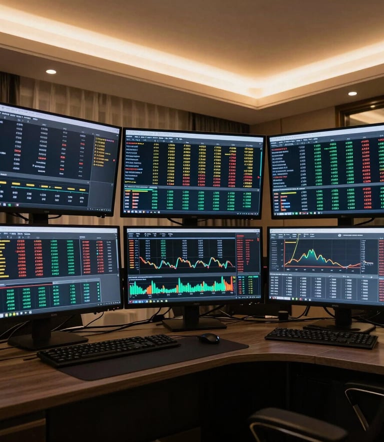 A wide-angle shot of a sophisticated trading terminal setup in a luxurious South Asian apartment. Three curved monitors display complex real-time Forex and Cryptocurrency tickers. The aesthetic is deep black and dark grey with premium gold lighting highlights.