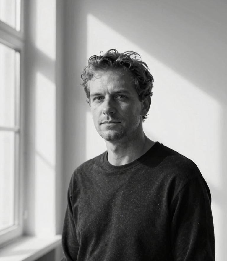 Minimalist black and white lifestyle portrait of photographer Julius Bieliauskas, natural window light, architectural background with clean shadows.