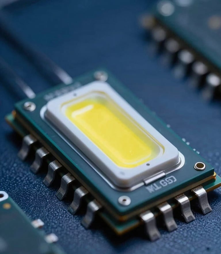 Macro photography of an advanced high-power COB LED module. The chip is mounted on a sleek dark surface, with its yellow phosphor surface gleaming under professional laboratory studio lighting. The background is a blurred navy blue technological environment.