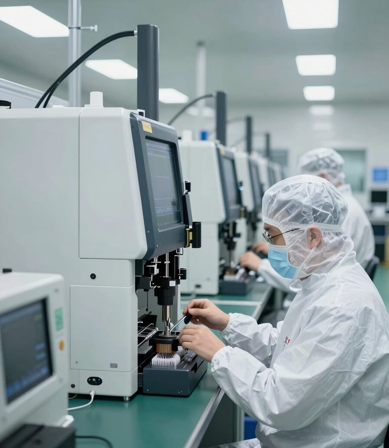 Clean and modern 1000-class dust-free workshop in Shenzhen, featuring rows of advanced ASM automatic wire bonding machines, technical staff in white cleanroom suits, precision industrial photography, East Asian / Chinese setting.