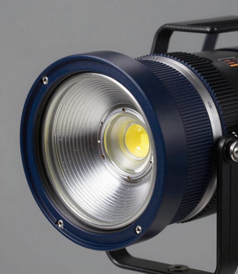 Detailed close-up of a high-power LED light engine used for professional film and television lighting, highlighting the intricate technology and high-tech craftsmanship, navy blue and metallic tones, professional studio photography.