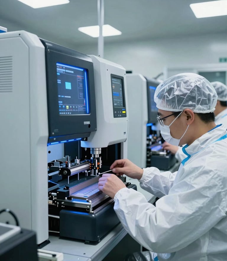 A high-tech clean room in a Shenzhen manufacturing facility. East Asian technicians in white cleanroom suits operate advanced ASM wire bonding machines. The lighting is bright with cool blue accents reflecting off the metallic surfaces of the machinery.