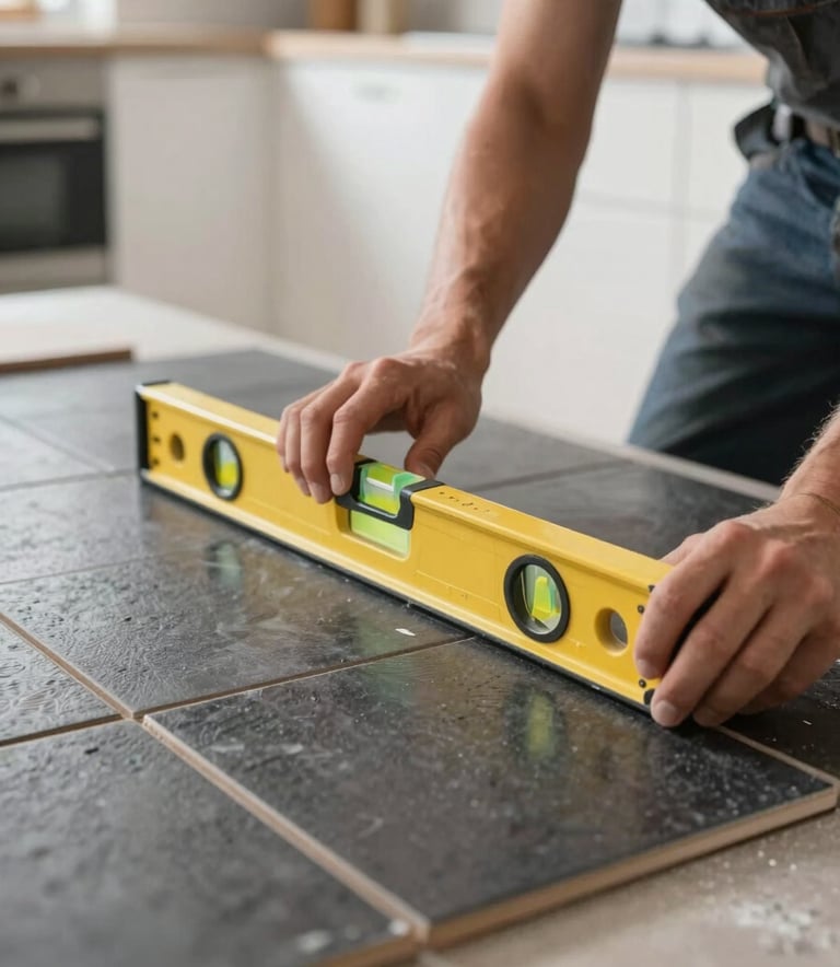 A close-up photograph of a professional tiler's hands using a spirit level to check the alignment of large dark charcoal porcelain floor tiles in a modern North American kitchen, bright and clean natural lighting, soft focus on the background.