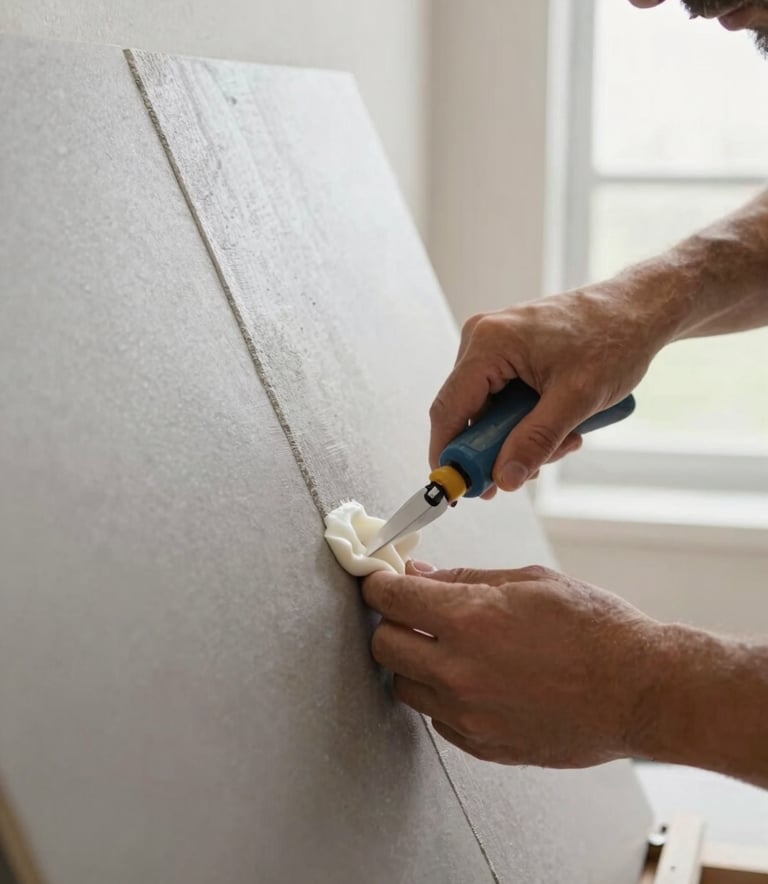 An action shot of a skilled craftsman applying adhesive to the back of a large grey tile in a bright, modern interior setting, focus on the texture of the materials and the precision of the movement, North American home setting.