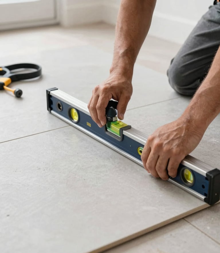 A close-up high-angle shot of a professional installer's hands using a precision leveling system to lay large-format light grey porcelain tiles. The setting is a bright, modern North American home with clean lines and professional tools visible.