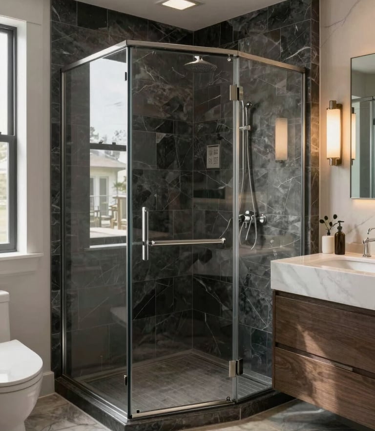 A wide-angle professional photograph of a luxury master bathroom renovation in a North American home. Features a walk-in shower with floor-to-ceiling dark slate tiles and a floating vanity. Soft morning light creates a sophisticated mood.