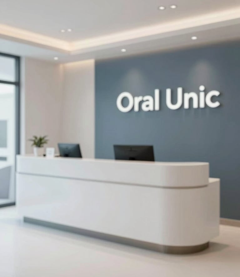Interior of a high-end Oral Unic clinic, showing a clean reception area with sophisticated finishes in #1A2C3C and #F0F5F7, emphasizing a welcoming and patient-centric environment.