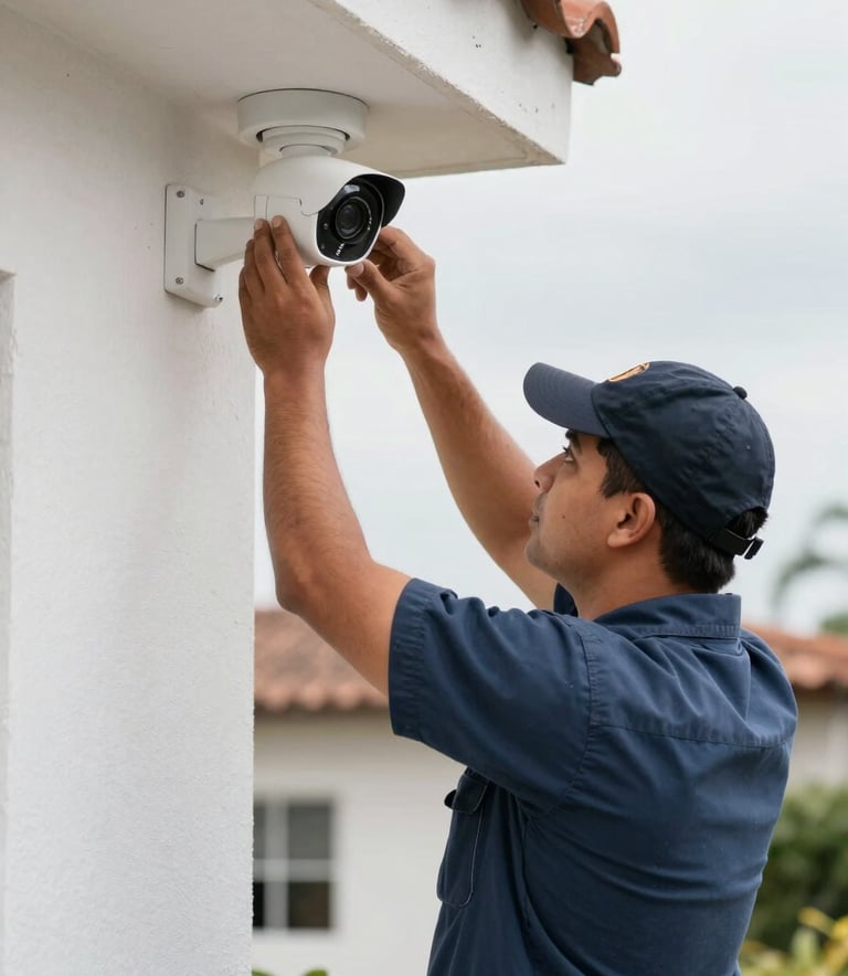 A South American technician in a professional uniform installing a high-definition security camera on a residential wall, clean composition, bright daylight.