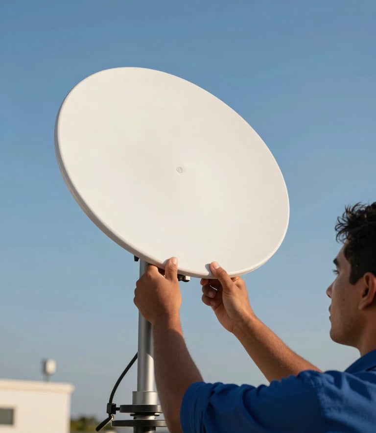 Close-up of a modern digital antenna being adjusted on a rooftop by a South American / Brazilian technician, clear blue sky in the background, professional and clean composition using medium blue and off-white color tones, bright natural lighting.