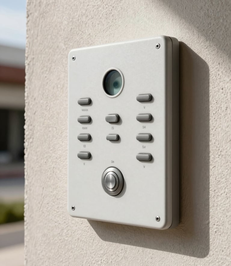 A clean, modern intercom system panel mounted on a textured wall of a contemporary South American building, bright natural lighting, professional photography.