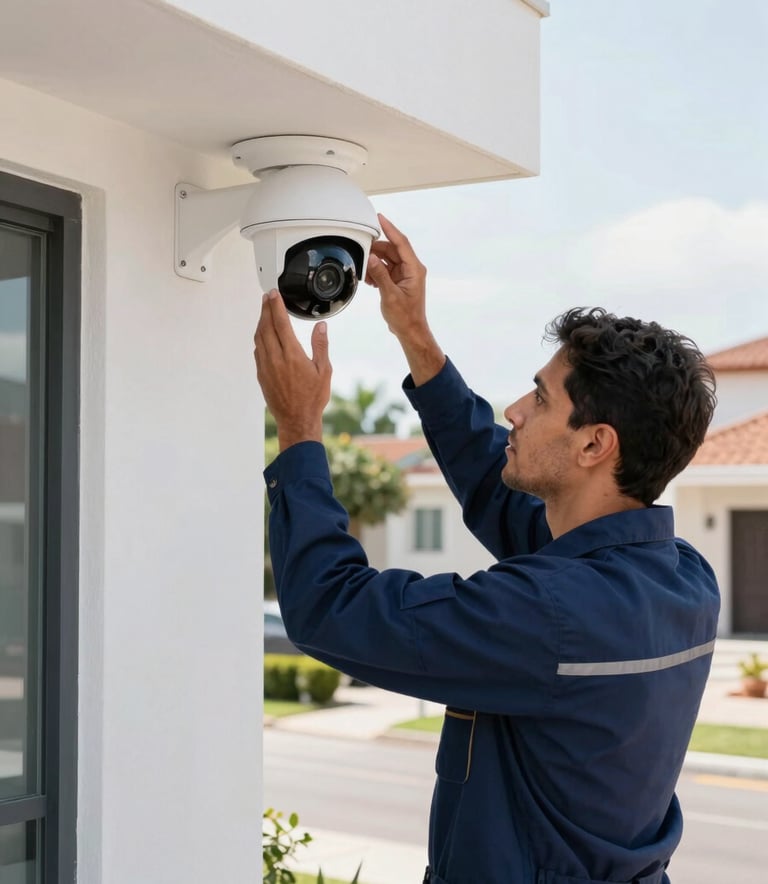 Professional South American / Brazilian technician in a navy blue work uniform installing a high-tech dome security camera on a clean white wall of a modern residential building. Bright daylight, sharp focus on the installation process, professional tools visible, background shows a suburban Brazilian street scene.