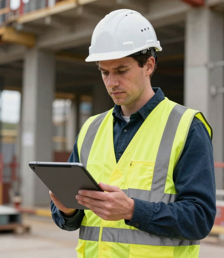 A Northern European construction foreman in high-visibility yellow vest and a white hard hat, holding a tablet on a modern construction site in London. The background shows blurred structural beams, suggesting a strong and professional environment.
