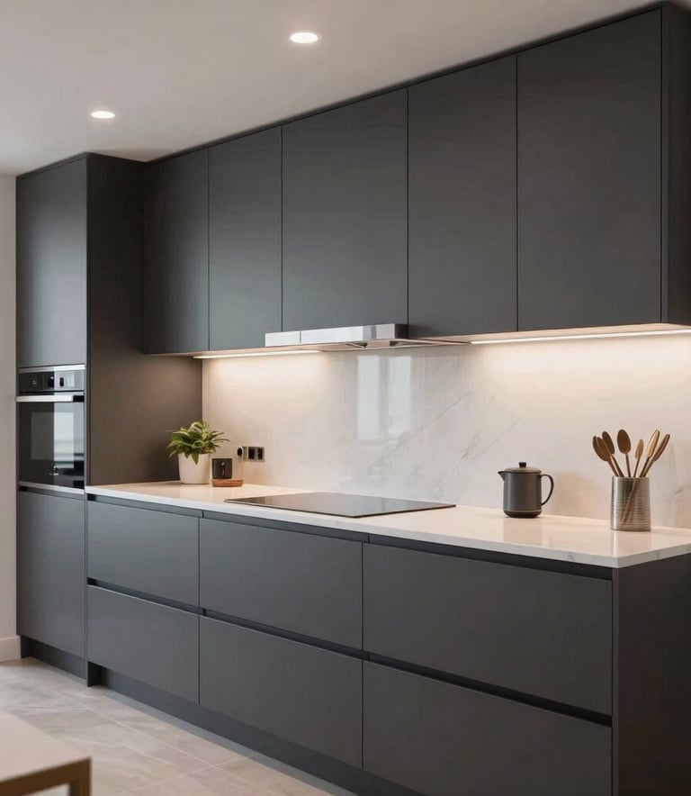 A high-end interior renovation in a Northern European / British home, showing a modern open-plan kitchen with clean lines, sophisticated charcoal cabinets, and bright lighting.