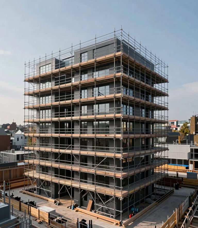 A high-angle architectural photograph of a modern residential renovation project in London. The scene features a clean construction site with a charcoal-colored scaffolding structure against a clear sky. Professional and strong aesthetic.