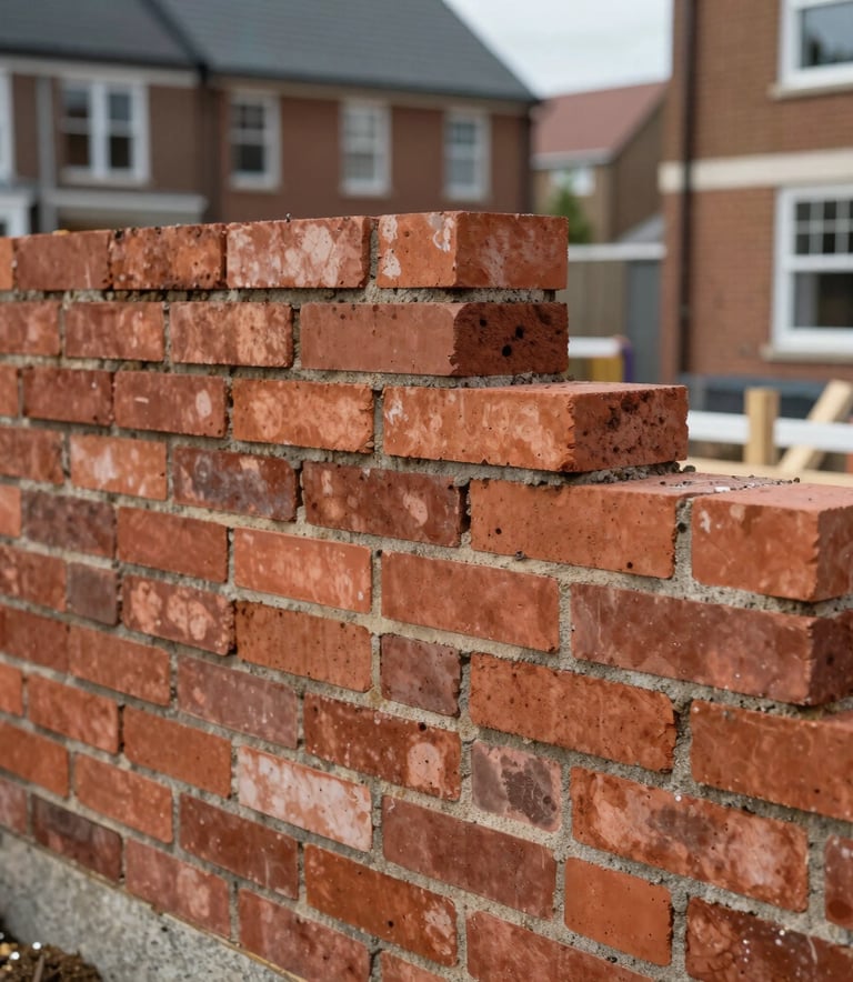 A focused shot of high-quality brickwork being laid on a new residential development in a Northern European / British urban setting, emphasizing craftsmanship.