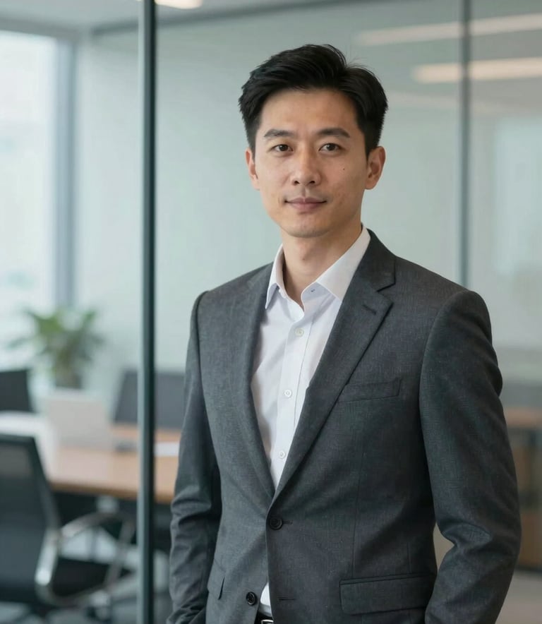 A professional portrait of a confident media buyer in a modern office setting, soft-focus background of a glass boardroom, palette features #F2F4F7 and #33415C, clean professional style.