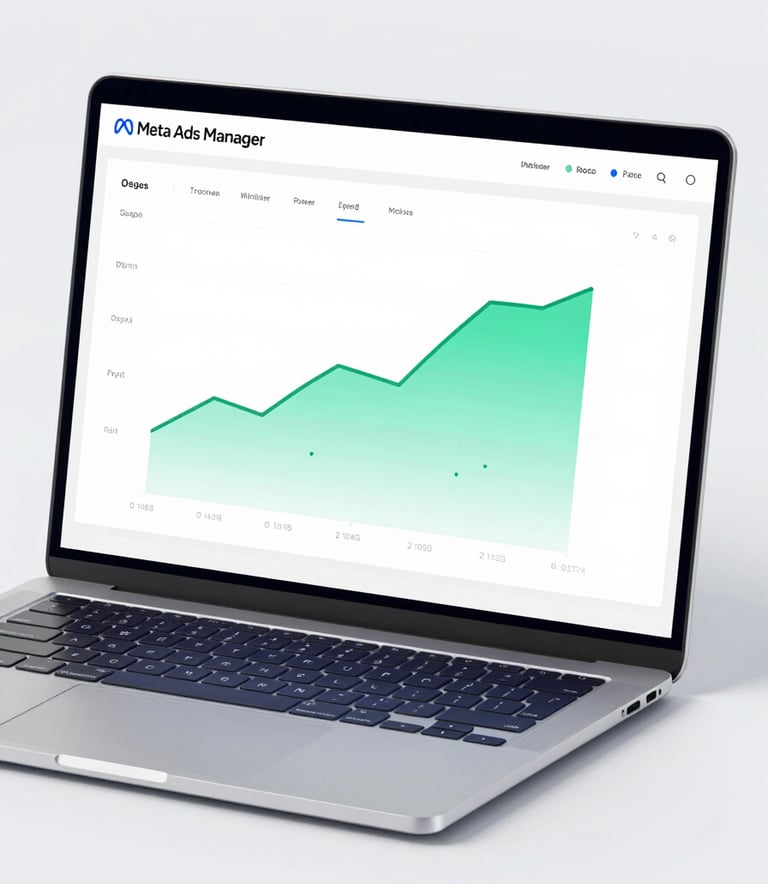 A clean, minimalist 3D mockup of a Meta Ads Manager dashboard on a high-end laptop screen. The screen shows upward-trending green growth lines. The lighting is crisp and modern, featuring the brand's professional blue tones (#33415C) and off-white accents.