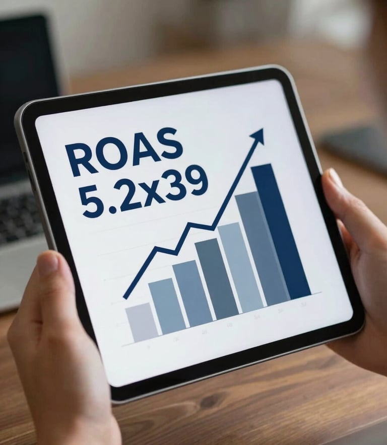 Close-up of a tablet held by a professional, displaying a graph with a steep upward trend and a large text overlay saying 'ROAS 5.2x', sharp focus, professional color palette including #B0BACF and #0A111F, confident mood.