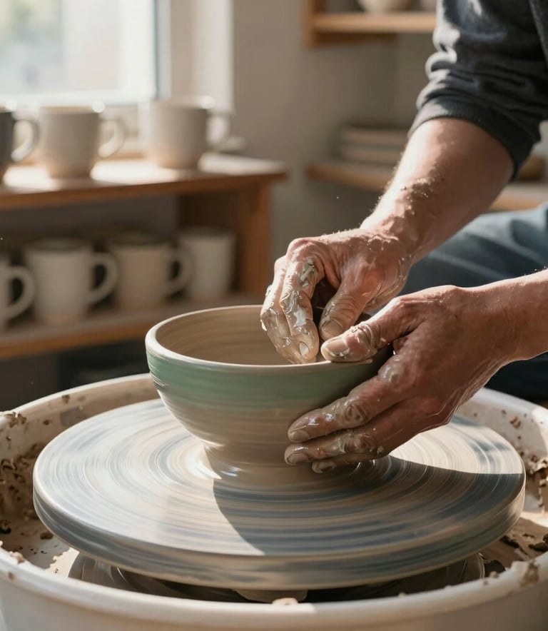 A North American studio setting. Close-up of a potter's hands shaping a soft sage green stoneware bowl on a spinning potter's wheel. Warm afternoon sunlight streaming through a window, illuminating clay dust in the air. Rustic wood shelves lined with unfinished ceramic mugs in the background.