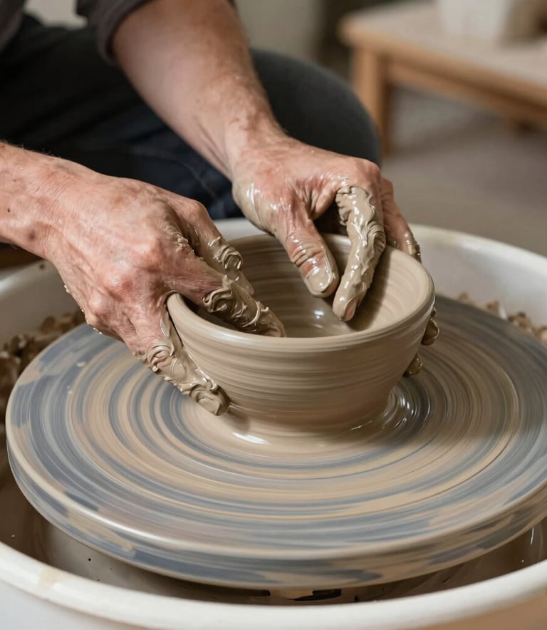 A close-up photograph of a potter's hands skillfully shaping a wet terracotta clay bowl on a spinning potter's wheel in a sun-drenched North American craft studio.
