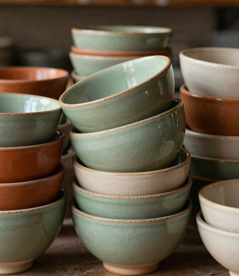 A beautifully arranged stack of durable hand-thrown ceramic bowls in shades of soft sage green, terracotta orange, and warm cream. The stoneware has a rustic, textured rim. Studio setting in North American workshop with soft focus, side lighting highlighting the handmade details.