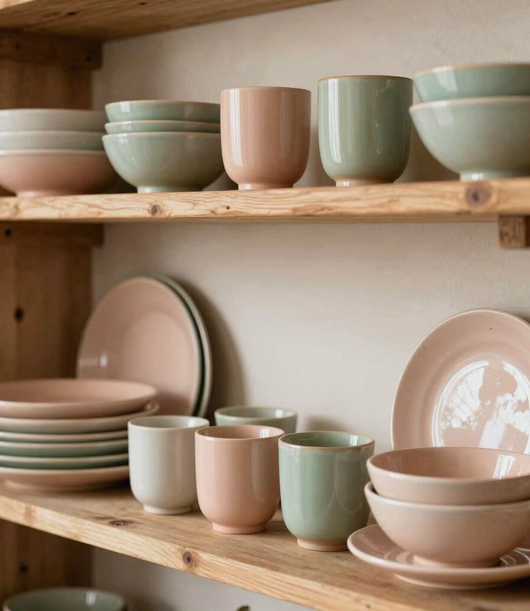 A beautifully styled shelf display of handmade plates, cups, and bowls in cozy soft peach and sage green glazes, set against a warm, neutral wall in a rustic North American home.