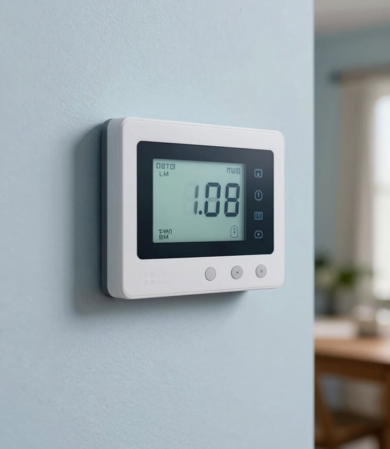 A close-up shot of a modern digital smart thermostat mounted on a clean, light blue wall in a Florida residence. Soft indoor lighting, North American / US home style.