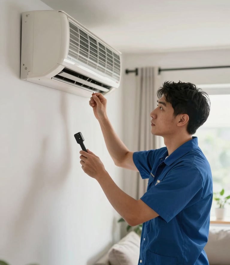 A professional technician in a clean uniform inspecting a wall-mounted AC unit inside a bright North American living room. Natural lighting, shallow depth of field.