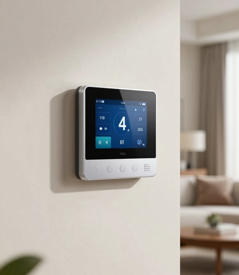 A high-end smart thermostat mounted on a clean, off-white wall inside a modern North American living room. The lighting is soft and natural, emphasizing the sleek, modern technology used in cooling solutions.