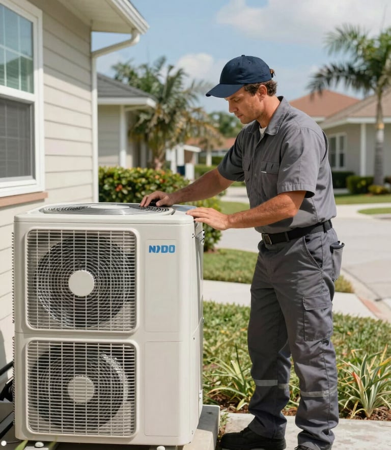 A professional HVAC technician in a clean uniform inspecting a modern outdoor air conditioning unit at a residential North American home. The setting is bright and sunny, representing a typical Florida neighborhood. The style is sharp, clean, and professional photography.