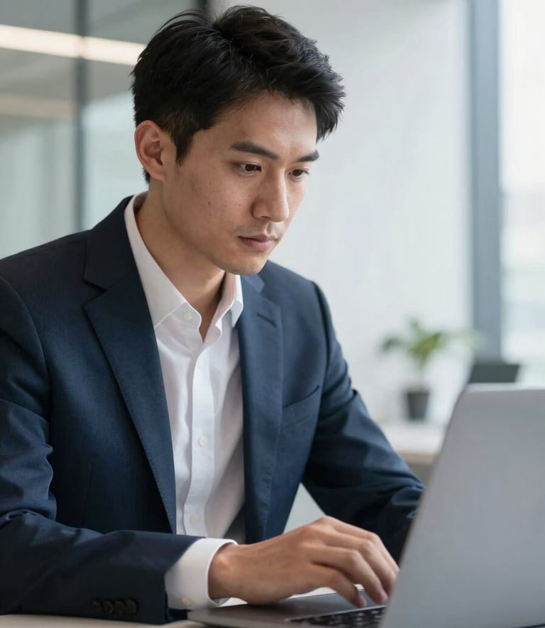 A close-up photograph of a professional IT consultant in a Deep Navy suit, looking focused while working on a thin laptop in a bright, modern office with Steel Gray accents and Soft White walls.